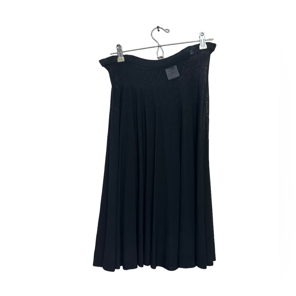 Chanel 2002 Cruise Black Sheer Mesh Fit & Flare Midi Skirt Crystal CC Logo 44 L